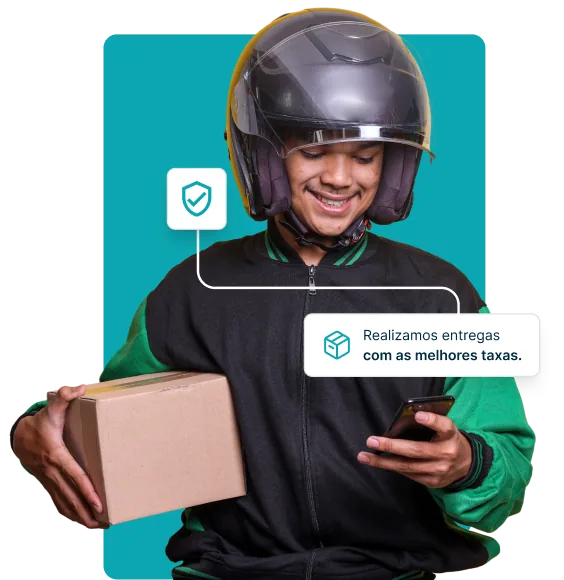 Entregador sorrindo com caixa e celular, ao lado do aviso “Realizamos entregas com as melhores taxas”